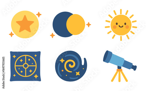 Celestial Icons for Kids. Flat vector mini-illustrations Celestial alchemy in colors children's illustrations: