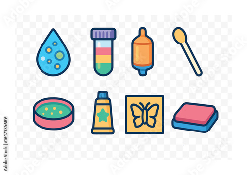 Bio-Ink Component Icons. Flat vector mini-illustrations Bio-ink components in colors children's illustrations: