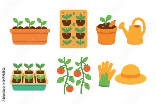 Urban Gardening Icons. Flat vector mini-illustrations Urban gardening in colors children's illustrations: