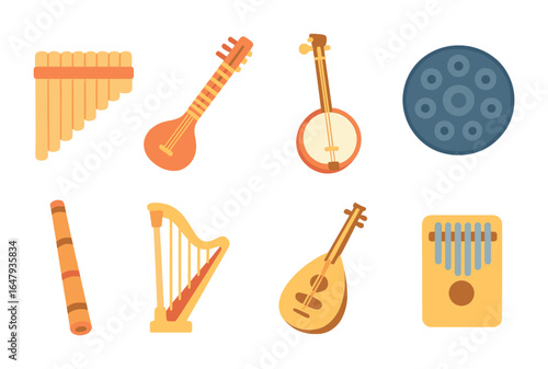 Global Musical Icons. Flat vector mini-illustrations Musical instruments from around the world in colors