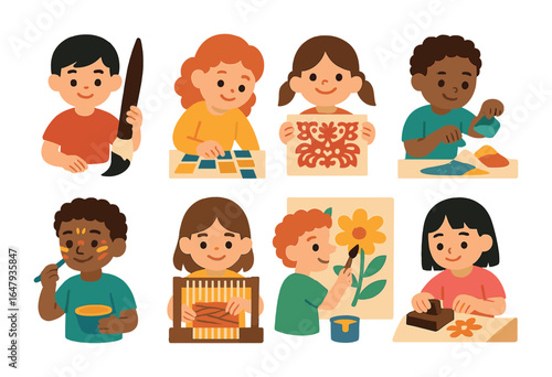 Global Art Exploration. Flat vector mini-illustrations Children exploring global art forms in colors