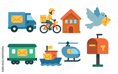 Global Mail Transport. Flat vector mini-illustrations Mail delivery around the world in colors children's