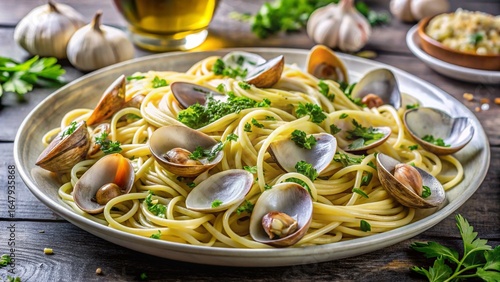 Linguine alle Vongole Veraci – clams, garlic butter, parsley, white wine broth, coastal Italian mood