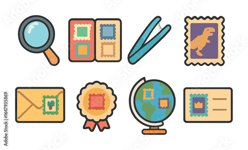 Children's Stamp Collecting Icons. Flat vector mini-illustrations Stamp collecting hobby in colors children's