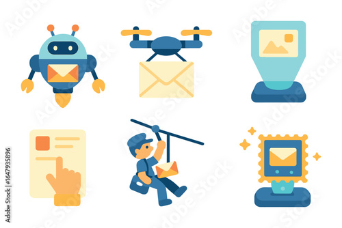 Future Mail Innovations. Flat vector mini-illustrations Future mail delivery ideas in colors children's