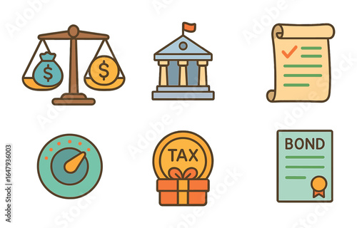 Fiscal vs Monetary Icons. Flat vector mini-illustrations fiscal vs monetary policy in colors children's