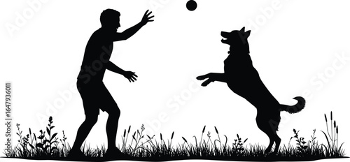 Silhouette of man playing fetch with dog, outdoor pet activity, ball catching, happy dog jumping, nature grass field, fun exercise moment