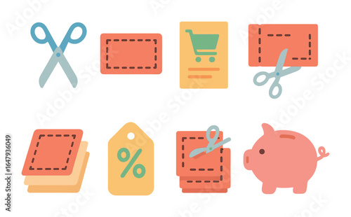 Kids' Coupon Icons. Flat vector mini-illustrations clipping coupons in colors children's illustrations: