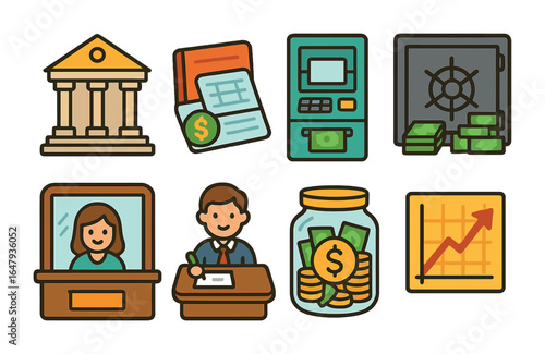 Colorful Banking Icons. Flat vector mini-illustrations banking system in colors children's illustrations: