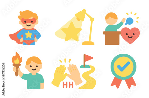 Inspiring Children's Icons. Flat vector mini-illustrations change champions and influencers in colors children