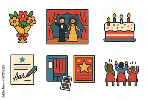 Children's Show Celebration. Flat vector mini-illustrations opening night celebration in colors children's