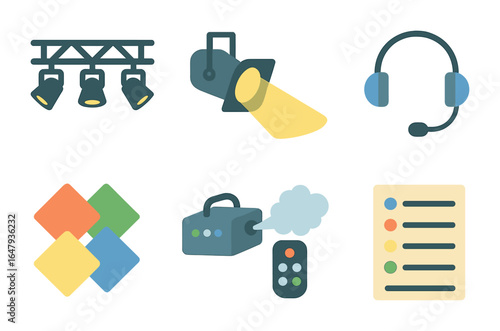 Theater Tech Icons. Flat vector mini-illustrations theater tech and lighting crew in colors children's