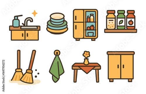 Tidy Kitchen Icons. Flat vector mini-illustrations keeping the kitchen tidy in colors children's illustrations