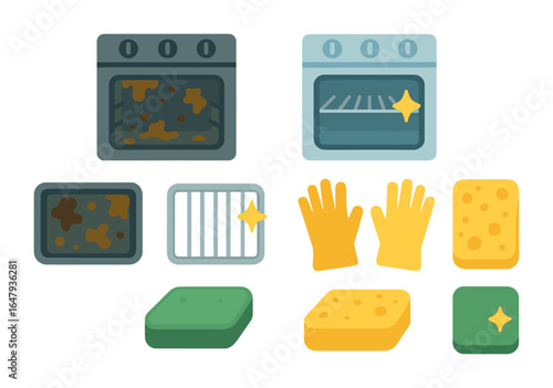 Oven Cleaning Transformation. Flat vector mini-illustrations before and after oven cleaning in colors children