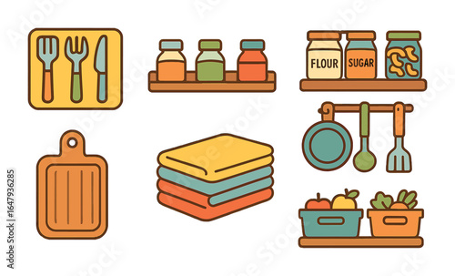 Colorful Kitchen Tools. Flat vector mini-illustrations organizing kitchen tools in colors children's
