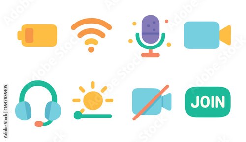 Pre-Call Checklist Icons. Flat vector mini-illustrations things to check before video calls in colors children