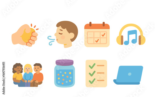 Managing Work Stress Icons. Flat vector mini-illustrations managing work stress in colors children's
