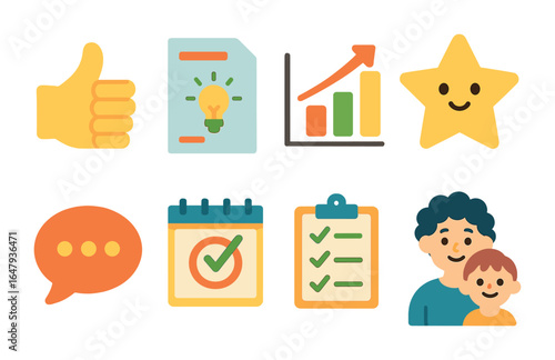 Colorful Feedback Icons. Flat vector mini-illustrations giving constructive feedback in colors children's