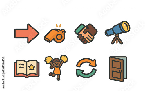 Leadership Icons Grid. Flat vector mini-illustrations leadership communication styles in colors children's