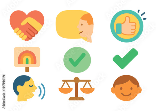 Trust Communication Icons. Flat vector mini-illustrations building trust with communication in colors children