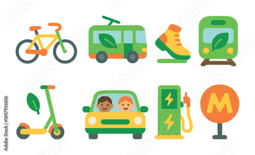 Eco Transport Icons. Flat vector mini-illustrations eco-friendly transportation in colors children's