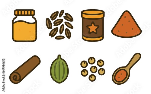 Indian Spice Icons. Flat vector mini-illustrations Indian spice essentials in colors children's illustrations: