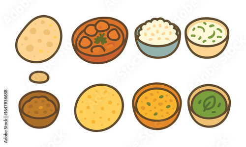 Colorful Indian Side Dishes. Flat vector mini-illustrations side dishes with chicken tikka masala in colors
