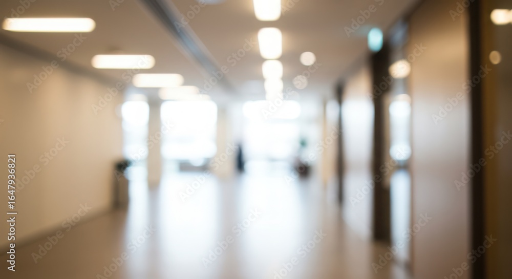 Fototapeta premium Blurred modern office hallway interior with bright ceiling lights and reflective floor, creating a sense of depth and spaciousness