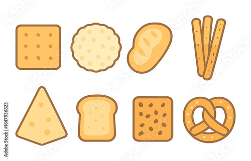 Cheeseboard Crackers and Bread. Flat vector mini-illustrations crackers and bread for cheeseboards in colors