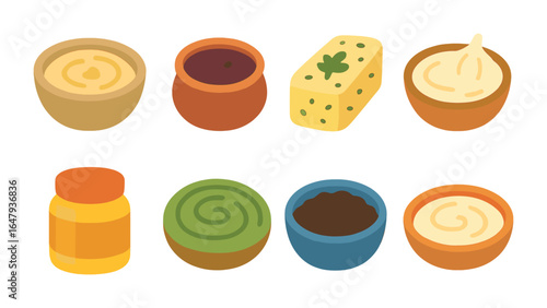 Cheeseboard Spread Icons. Flat vector mini-illustrations spreads and dips for cheeseboards in colors