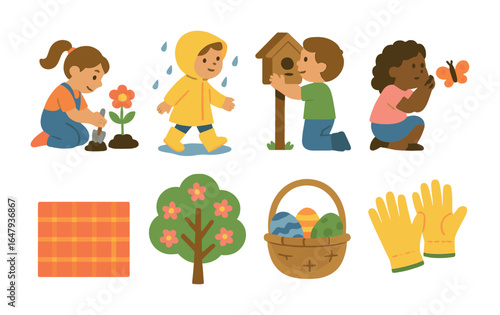 Spring Family Fun. Flat vector mini-illustrations spring family fun in colors children's illustrations: flower