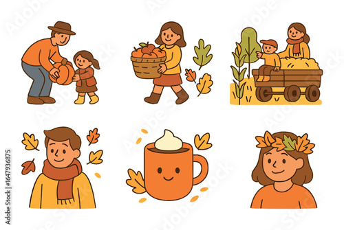 Autumn Family Fun. Flat vector mini-illustrations autumn family activities in colors children's illustrations: