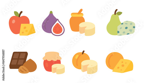Cheese Pairing Icons. Flat vector mini-illustrations sweet and savory pairings in colors children's