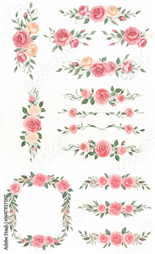 Watercolor text dividers featuring romantic roses and decorative swirls, elegant floral elements, on a white background