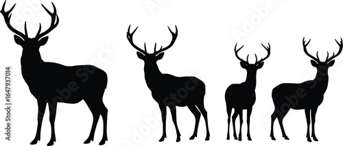 Set of four deer silhouettes, majestic stag and elk antlers, wildlife animal vector illustration for hunting, forest nature, and rustic designs