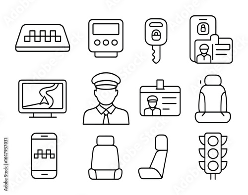 City Taxi Icon Set. Outline icon set of taxi drivers in the city: taxi sign, fare meter, car key, GPS screen,