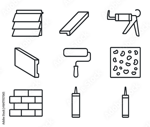 Exterior Finishes Icons. Outline icon set of exterior finishes and trims: siding panel, trim board, caulking