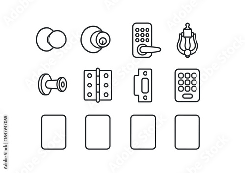 Door Hardware Icons. Outline icon set of door hardware and accessories: doorknob, deadbolt, smart lock, door