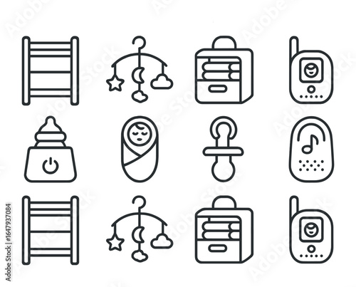 Nursery Essentials Icons. Outline icon set of baby nursery essentials: changing table, crib mobile, diaper
