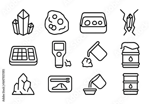 Rare Mineral Icons. Outline icon set of rare mineral extraction: lithium crystal, cobalt ore, rare earth