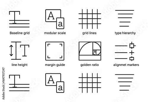 Typography Grid Icons. Outline icon set of typography grid systems: baseline grid, modular scale, grid lines,