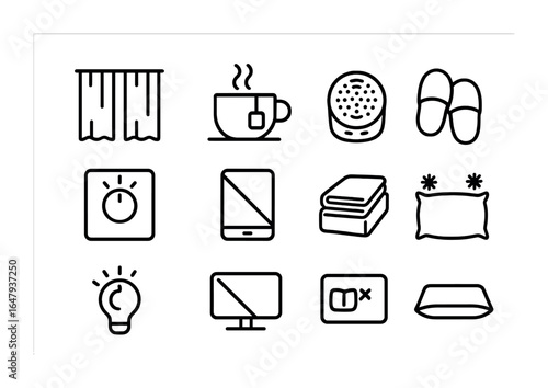 Sleep Hygiene Icons. Outline icon set of sleep hygiene items: blackout curtains, bedtime tea, noise machine,