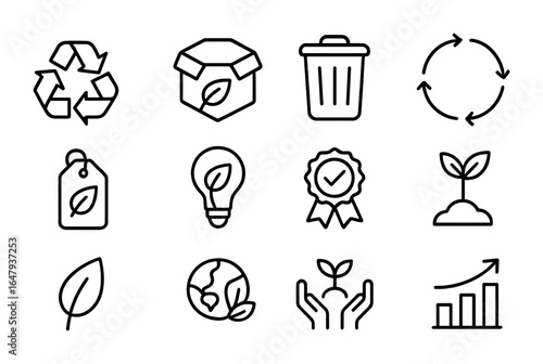 Sustainability Icons Grid. Outline icon set of sustainability in business: reuse arrows, eco packaging, waste