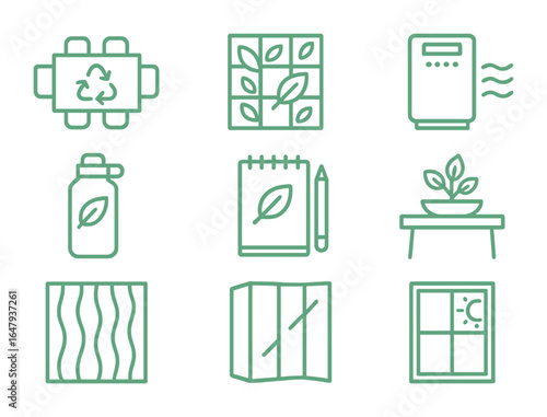 Eco-Friendly Office Icons. Outline icon set of green meeting rooms: recycled table, living wall, air purifier,