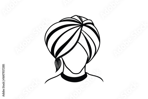 A person wearing a turban in a simple line drawing style without facial features shown silhouette