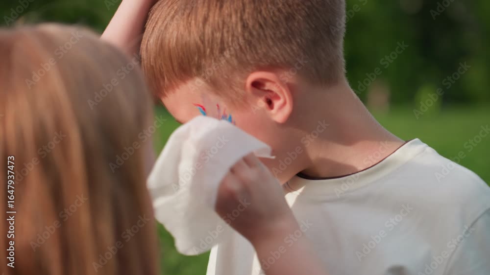 girl gently cleaning paint from brother face with tissue in grassy park, warm light and soft blur background highlighting sibling care and playful bonding during outdoor summer play girl gently cleaning paint from brother face with tissue in grassy park, warm light and soft blur background highlighting sibling care and playful bonding during outdoor summer play