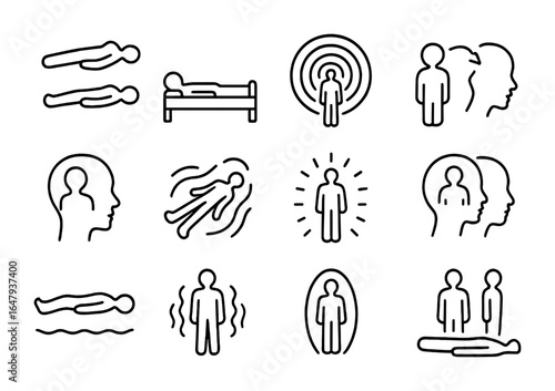 Out-of-Body Icons. Outline icon set of out-of-body experiences: levitating form, bed silhouette, light tunnel,