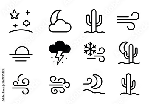 Night Desert Icons. Outline icon set of night desert weather scenes: starry sky, moonlit cloud, silhouette