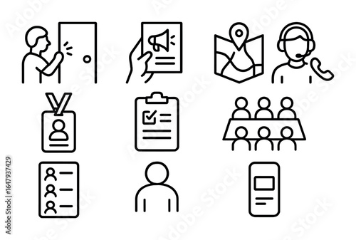 Grassroots Organizing Icons. Outline icon set of grassroots organizing: door knocking, community flyer, local