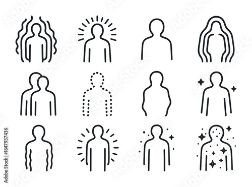 Celestial Icon Set. Outline icon set of celestial and etheric bodies: energy double, light form, spirit